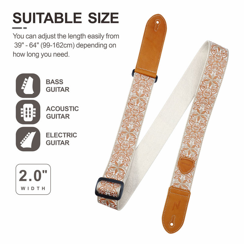 Nefelibata Guitar Strap,Double leather ends,Vintage Woven W/FREE BONUS-4 Picks+Strap Locks+Strap Button,Best Gift For Bass,Electric&Acoustic Guitars for Guitar(Vintage khaki yellow embroidery) A#-vintage Khaki Yellow Embroidery