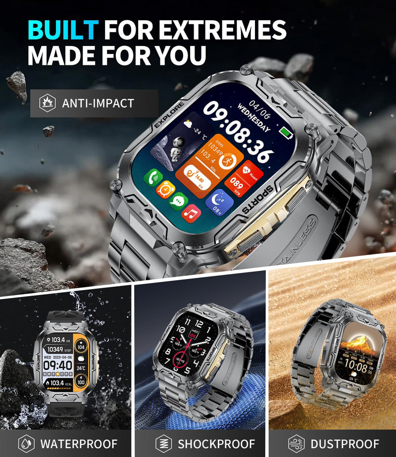 Military Smart Watches for Men(Answer/Dial Calls),2.01" Ultra Large HD Smartwatch with 60 Days Extra-Long Battery/Heart Rate/Sleep Monitor/Flashlight/2 Straps,Rugged Fitness Watch for iOS/Android Gold