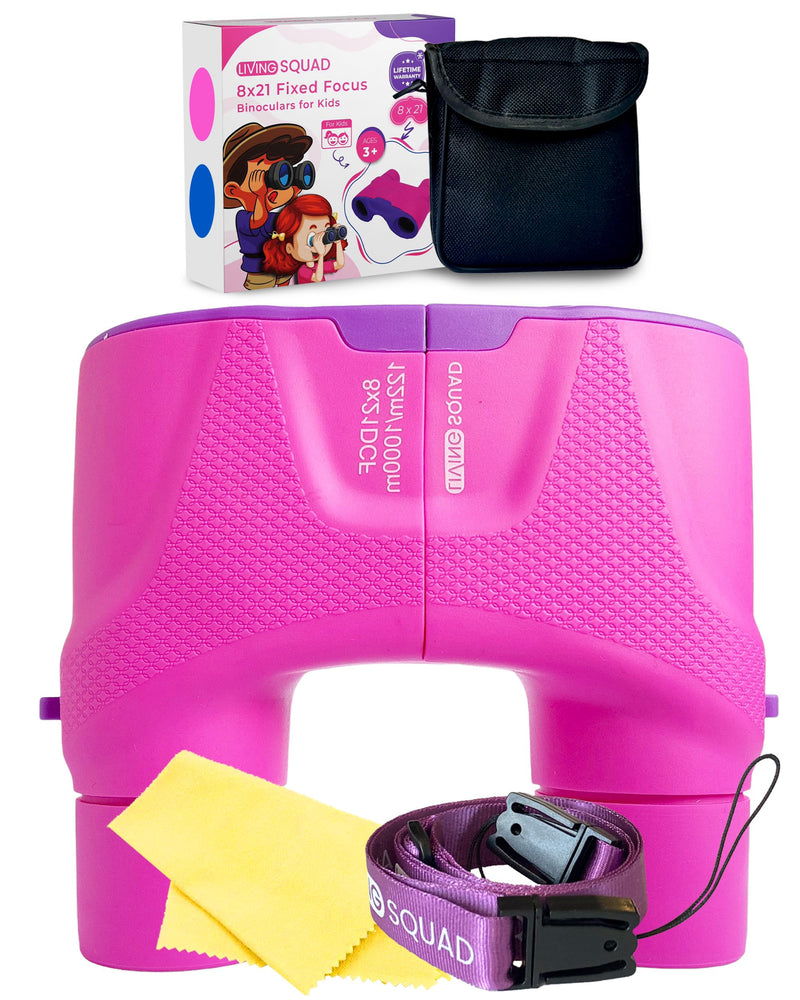 Kids Binoculars 8x21 Focus-Free Pink – Shockproof Outdoor Adventure Gear for Girls & Boys Ages 3-12 – No-Adjustment Point & Look Design, Real 8X Magnification STEM Toy for Bird Watching, Hiking Pink/Purple