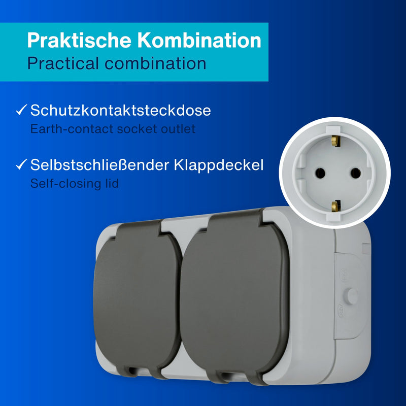 REV AquaTop Wet Room Socket, IP44, Single Pole, Pre-Wired, Surface-Mounted, Grey 2-way socket pre-wired