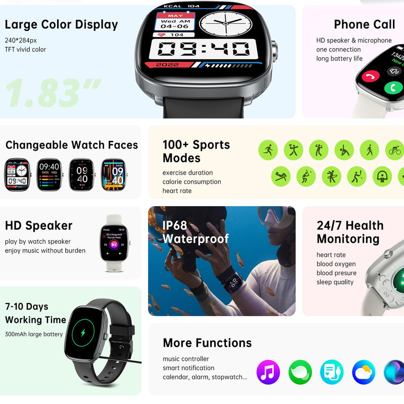 ZPIMY 1.83" Smart Watch for Women Men(Make/Answer Call), 2024 New 5ATM Waterproof Mens Smartwatches, Fitness Tracker Smartwatch for Android iPhones, Digital Watches Step Counter, 3 Straps (Black) Black
