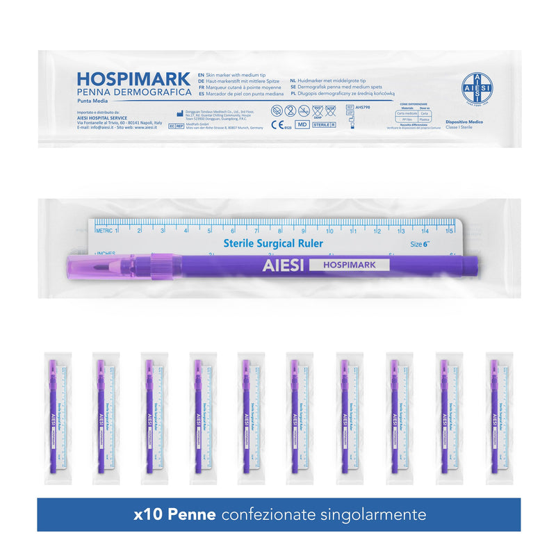 AIESI® Hospimark Dermography Pen for Skin with Standard Tip with Ruler (Pack of 10)