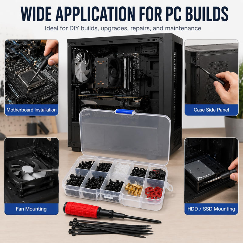 Computer Screws Assortment Kit with Screwdriver and Standoffs | Assorted PC screws, motherboard standoffs, and screwdriver for GPU, HDD, SSD, fan, PSU, and case repair