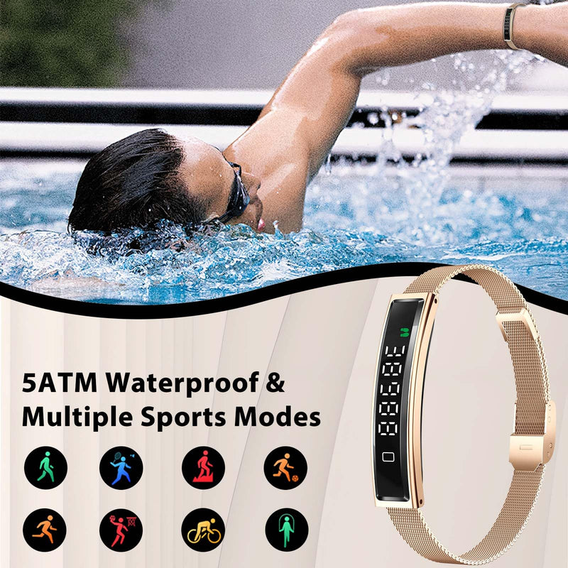 Smart Bracelet for Men Women with 2 Bands 24/7 Fitness Health Tracker | Heart Rate/Pressure Detection/Sleep Monitor, 5ATM Waterproof Fashion Wristband with Multiple Sport Modes Android iOS Gold Steel + Black Silicone