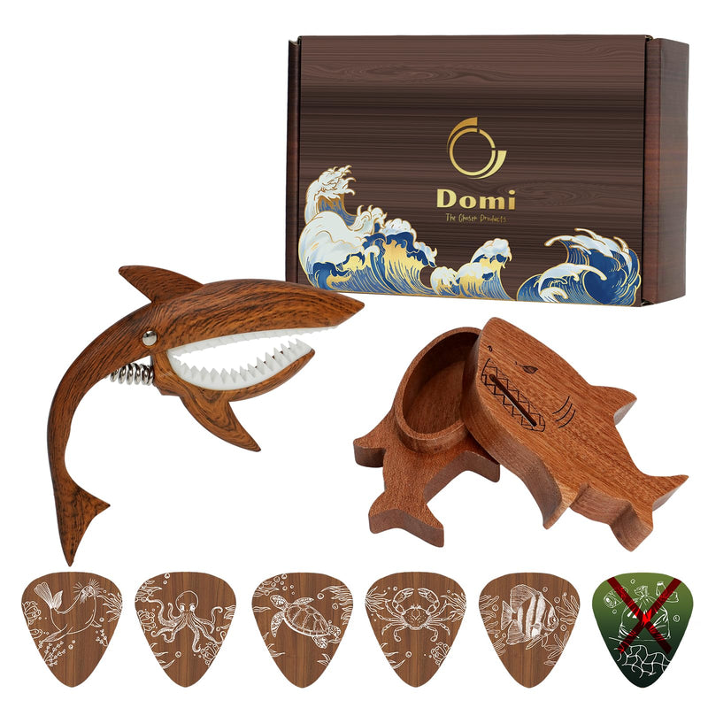 "Save Our Oceans" Shark Guitar Capo Gift Set–1 Wood-Finish Shark-Shaped Capo&1 Shark-Shaped Guitar Pick Holder with 6 Picks (5 Shark Food+1 Ocean Trash)–Fun Eco Educational Music Gift for Eco-Warriors