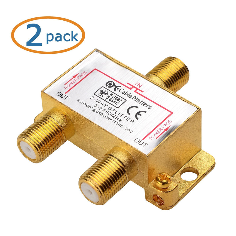 Cable Matters 2-Pack 2.4 Ghz 2 Way Coaxial Cable Splitter for STB TV, Antenna and MoCA Network - All Port Power Passing - Gold Plated and Corrosion Resistant 2-Way
