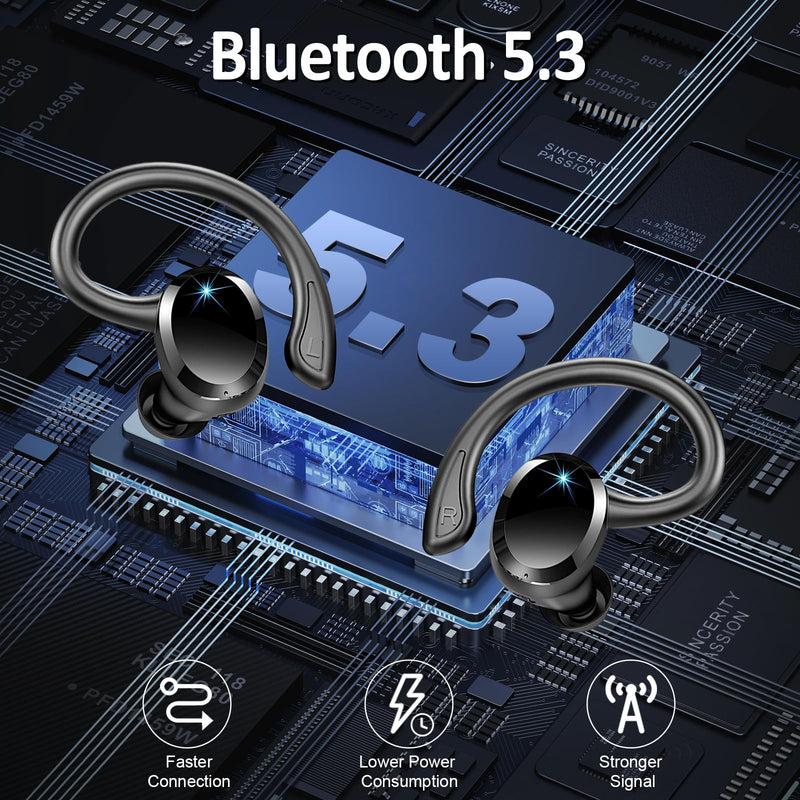 Wireless Earbuds Bluetooth Headphone Sport, 2024 Bluetooth 5.3 Earbud 14.2mm Driver Stereo Over Ear Buds, 48Hrs Earphone with Earhook, Noise Cancelling Mic, IP7 Waterproof Headset for Workout/Running 800 mAh Black