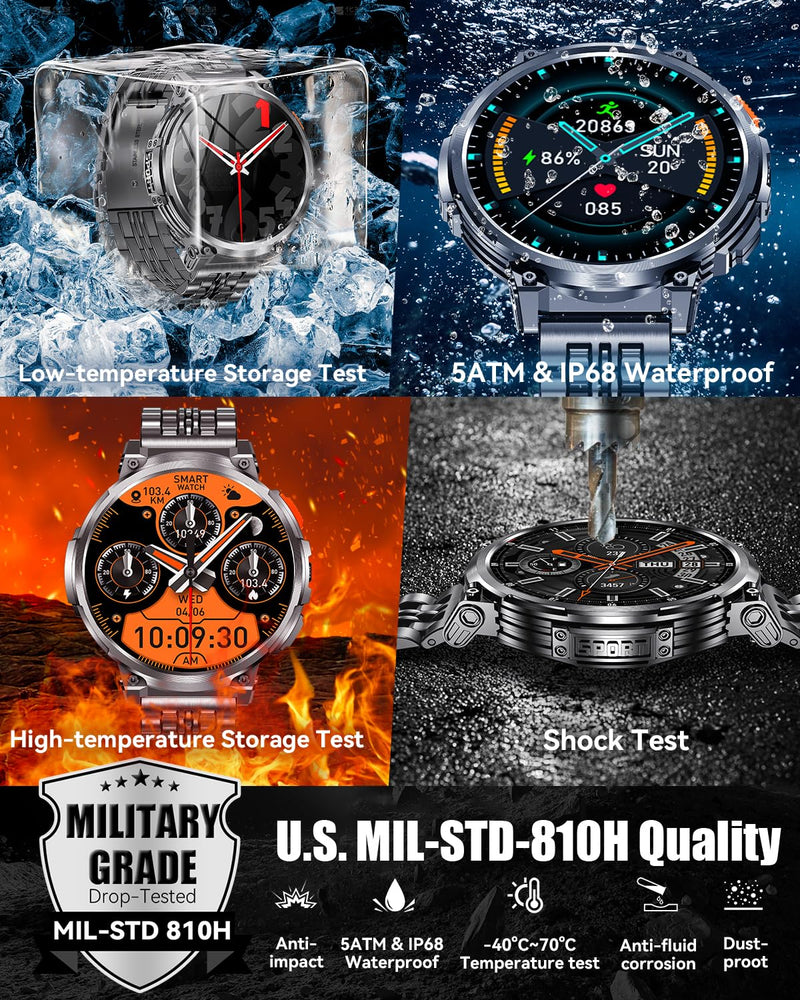 1.85" Big Screen Military Smart Watch for Men with Flashlight, 930mAh Large Battery, IP68 Waterproof, Bluetooth Calling, 114 Sports Modes, Heart Rate/Sleep Monitor for iPhone & Android Black - Silicone & Metal Bands