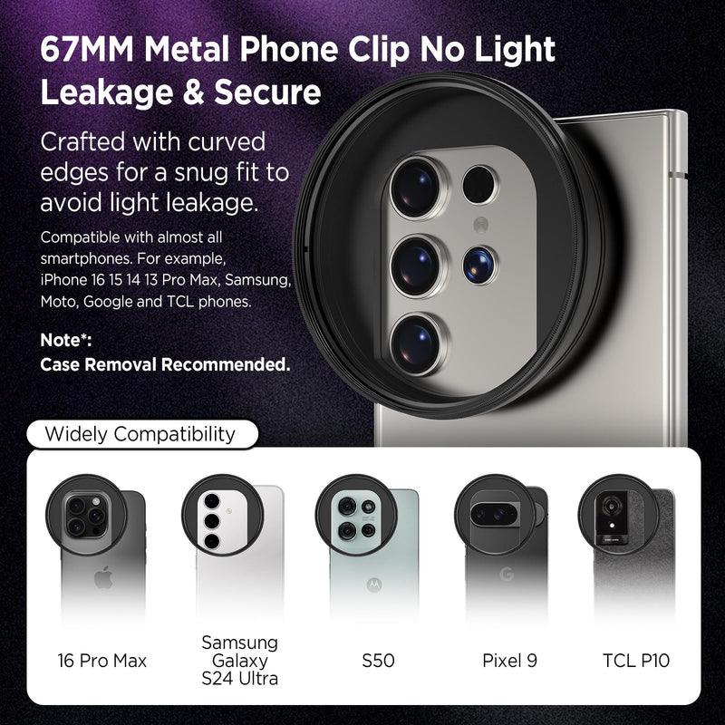 Universal Lens Filter Clip, 67mm Threaded Filter Adapter Mount for Phone Photography, Compatible with 67mm Threaded Filters & LED Lights, Built-in Cold Shoe Mount