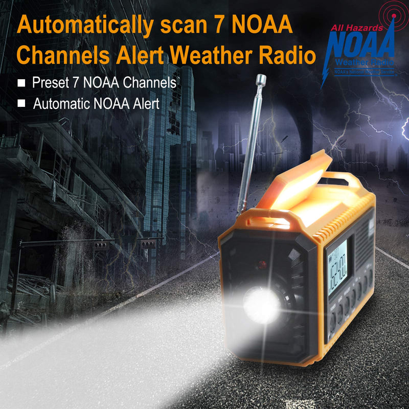 Emergency Radio Raynic 5000 Weather Radio Solar Hand Crank AM/FM/SW/NOAA Weather Alert Portable Radio with Cellphone Charger, Headphone Jack, Flashlight, Reading Lamp and SOS Alarm (Yellow) Yellow-LCD Display