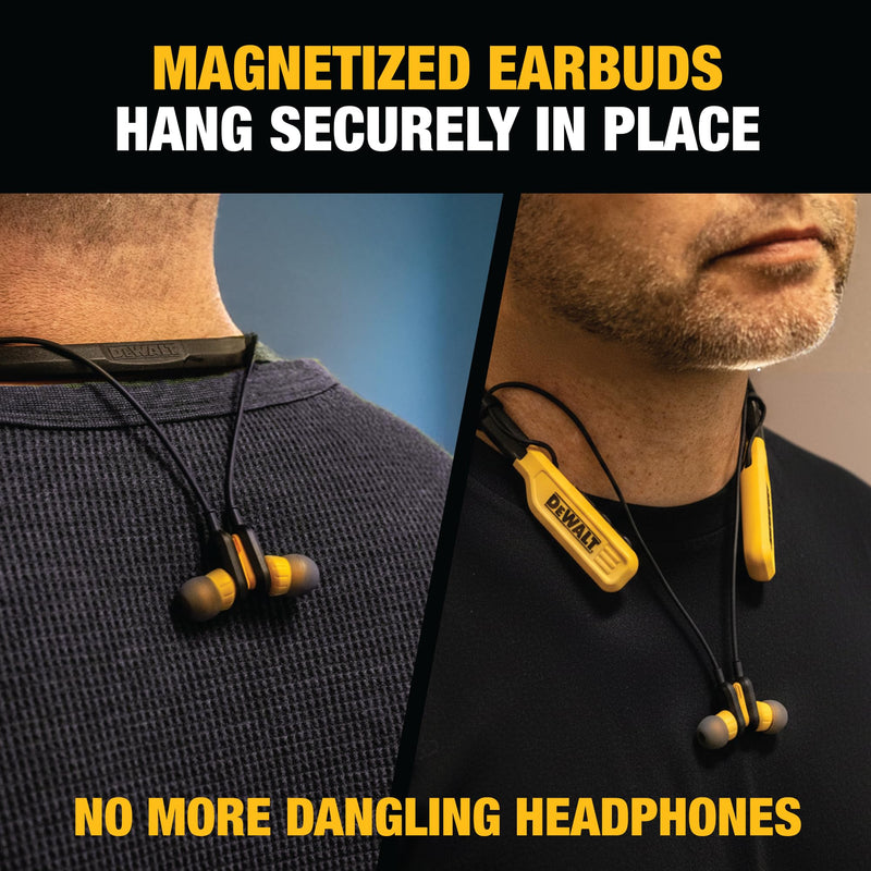 DEWALT Heavy Duty Bluetooth Neckband Headphones, Wireless Around The Neck Earbuds w/ 30H Runtime + Noise Isolation, Secure Magnetic Wireless Earbuds, Jobsite Pro Built-in Mic Bluetooth Headsets Yellow
