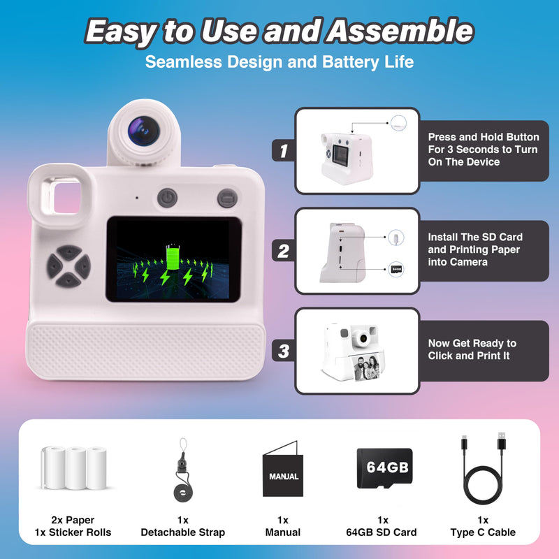 GabbaGoods Instant Print Kids Camera For 3 4 5 6 7 8 9 Year Old Kids With 32GB SD Card, Instant Thermal Print Feature Best For Gift On Christmas/Birthday/Holiday | Toddler Camera | Kids Digital Camera White