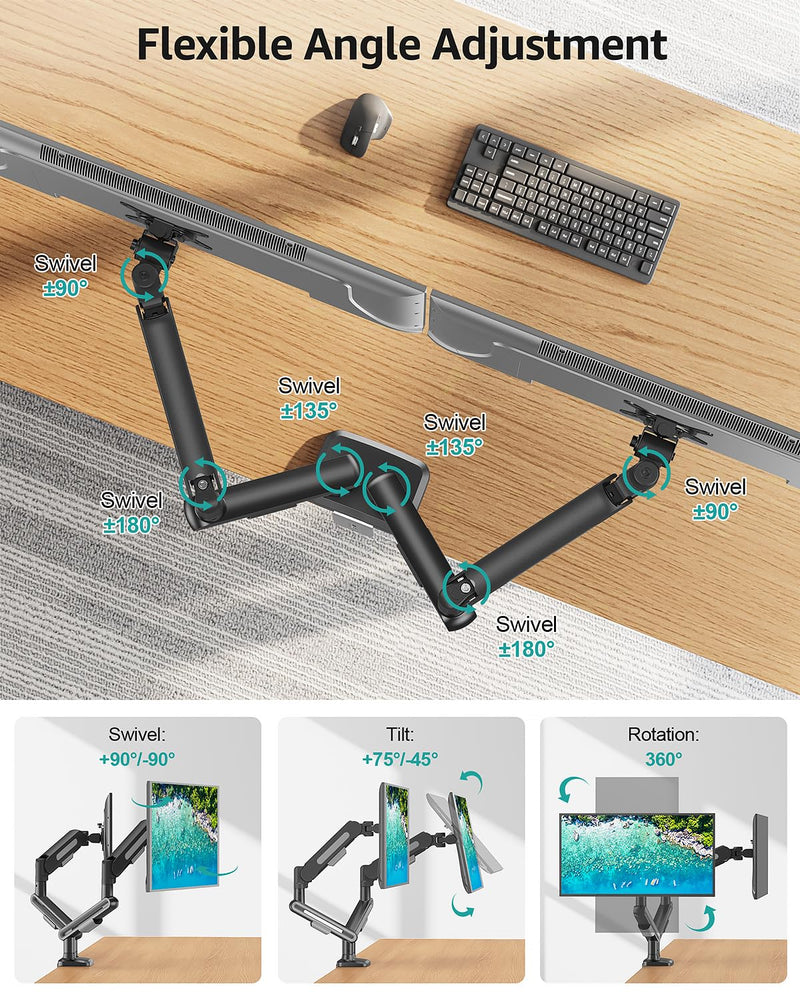 MOUNT PRO Dual Monitor Desk Mount, Pneumatic Monitor Arms for 2 Monitors Max 39 Inches, Adjustable Dual Computer Monitor Stand Each Arm Holds up to 26.5lbs, VESA Mount with C Clamp & Grommet Base Max 39"