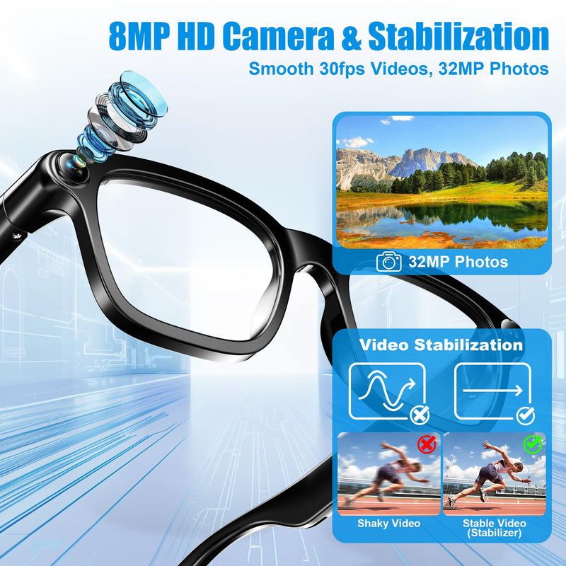 AI Smart Glasses with Camera, 8MP HD Camera Glasses for Women Men, Video Recording Sunglasses with Voice Assistant, Open-Ear Audio, Real-Time Translation for Life &Work Vlog, Black(3 Lenses)