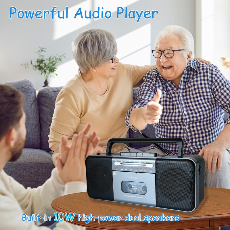 Portable Cassette Tape Player Recorder,AM/FM/SW Radio Stereo with Bluetooth,USB/SD, Big 10W Speaker,Record to Cassette/U Disk/SD Card via Mic, MP3 Converter, Earphone Jack,AC/DC Powered Black