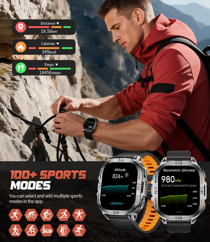SUNKTA Smart Watches for Men(Answer/Dial Calls),2.01" Ultra Large HD Smartwatch with 60 Days Extra-Long Battery/Heart Rate/Sleep Monitor/Flashlight/2 Straps,Rugged Fitness Watch for iOS/Android Black