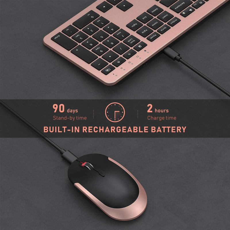 seenda Rechargeable Wireless Keyboard Mouse Combo Full Size Cordless Keyboard & Mouse Sets with Build-in Lithium Battery Ultra Thin Quiet Keyboard Mice (Black and Rose Gold) Black and Rose Gold