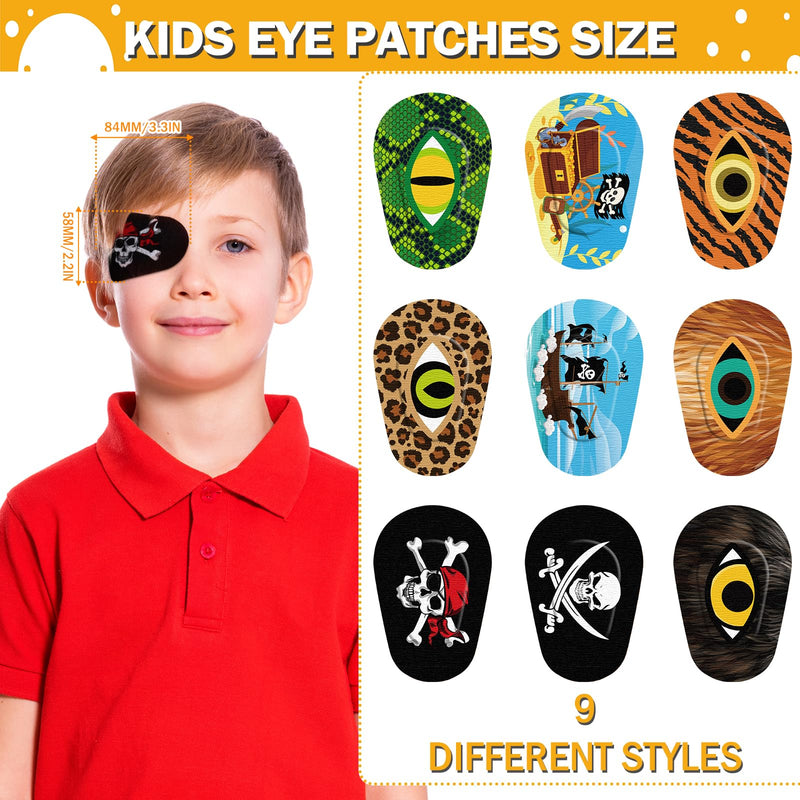 Panelee Adhesive Eye Patches for Kids Boys Bulk Halloween Pirate Eye Patch Toddler Eye Patches Breathable Material, Light Blocking Cotton Colorful and Fun Designs for Boys, 9 Styles(90 Pcs) 90