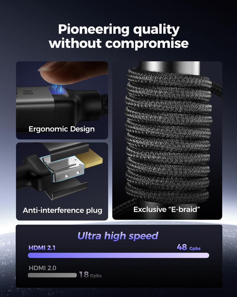 Silkland Certified HDMI 2.1 Cable, [4K@240Hz 144Hz 120Hz, 8K@60Hz] 1440P Ultra High Speed HDMI Cable 48Gbps (Upgrade Braided), HDR10+, eARC, HDCP 2.3, Compatible for Xbox/PS5/PS4/Roku TV-6.6ft 6.6 Feet 1-Pack Grey