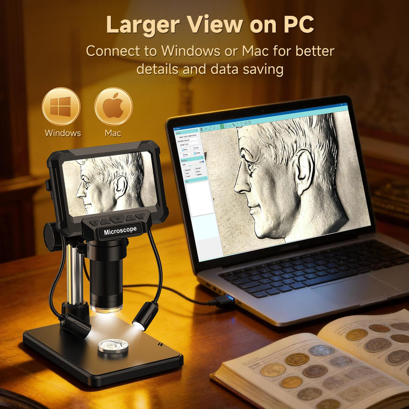 [AUSTRALIA] - 4.3" Coin Microscope for Error Coins (Detail View Only), 1000X Digital LCD Magnifier with Anti-Glare Side Lights, 1080P USB PC View (Win/Mac), Rechargeable Scope for Numismatic Grading 4.3inch 