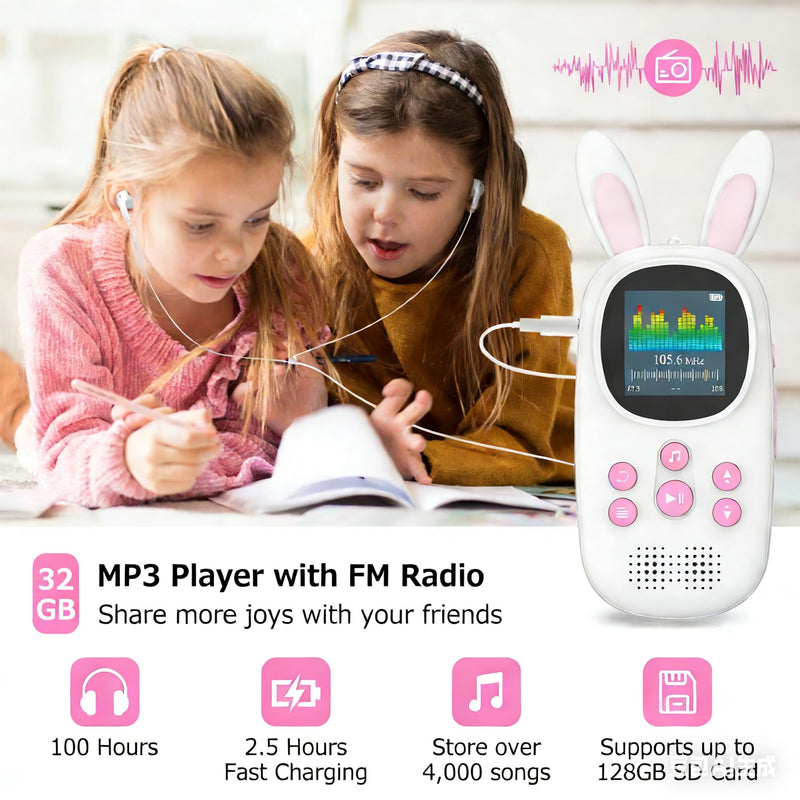 Mp3 Player for Kids, Cute Bunny Kids Mp3 Player with Bluetooth, 32GB Mp3 Players with Speaker, FM Radio, Recordings, Alarm, Pedometer, Stopwatch, Support up to 128GB
