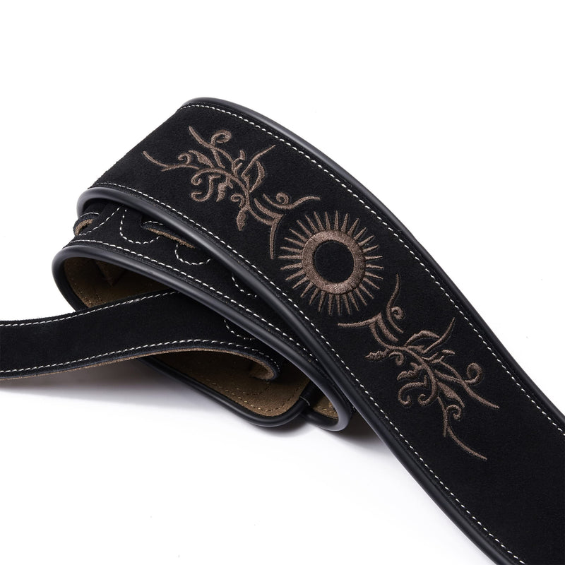 [AUSTRALIA] - Amumu Embroidered Suede Leather Guitar Strap for Acoustic, Electric and Bass Guitar - Black Sun-flower Embroidered 