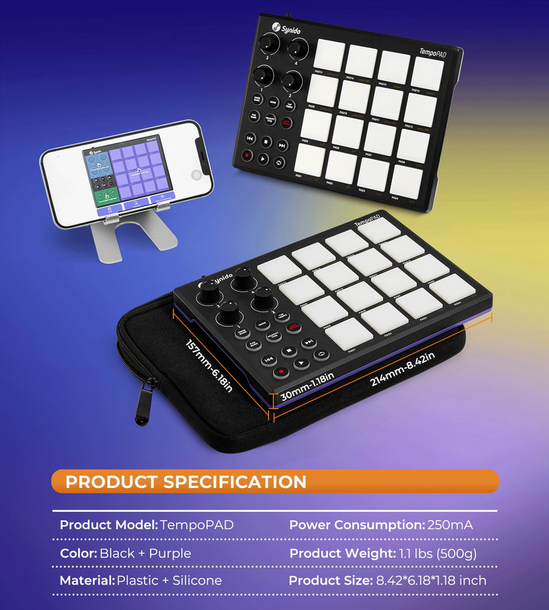 [AUSTRALIA] - Synido TempoPAD Midi Controller Beat Maker Machine for Music Production, Portable USB MIDI Beat Pad Controller for Beginners with Durable Carrying Bag, 16 Backlit Beat Pad, 4 Assignable Knob Black 16 MIDI 