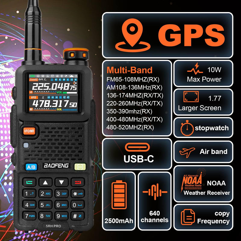 BAOFENG 5RH PRO 10W GPS APRS Ham Radio Hanheld Long Range Walkie Talkie with Earpiece 2P Full Kits