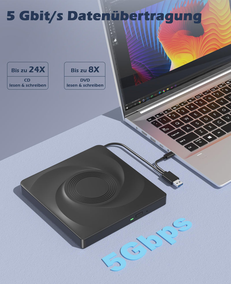 Wbacon External CD/DVD Drive for Laptop External DVD Drive, DVD Player Portable CD Reader for Laptop, CD Burner Compatible with PC Windows 11/10//7 Linux Mac OS Black