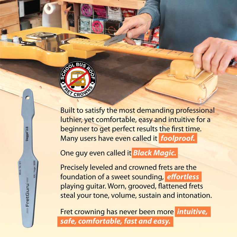 FretGuru Guitar Fret Crowning File - Dual Sided Dagger 2.0 - LG/XL and XXL/HUGE - Ideal for Frets between .095" to .118" wide - Professional Luthier Tool for Electric and Bass Guitars Dagger 2.0 XXL