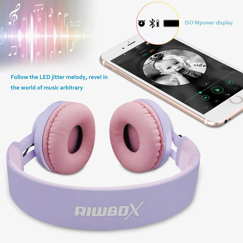 [AUSTRALIA] - Riwbox WT-7S Kids Bluetooth Headphones Light Up, Foldable Stero Wireless Headset,with Microphone and Volume Control,Comfortable and Durable,for PC/Tablet/TV/Travel(Purple) Purple Adjustable to fit the head shape Minimalist 