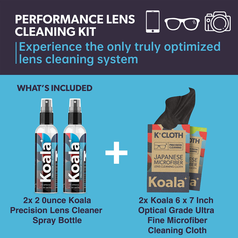 Koala Eyeglass Lens Cleaner Spray Kit | (2x) Glasses Cleaner Bottle + (2x) Microfiber Cloth | Alcohol Free Eyeglasses, Screen, and Camera Cleaning Kit | Made in USA (4 Piece Set) Black / Green 4 Fl Oz (Pack of 1)