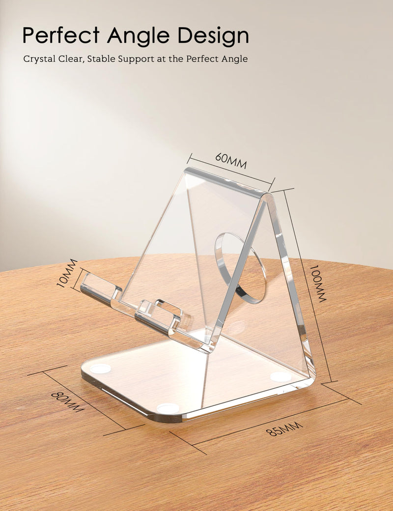 Acrylic Cell Phone Stand for Desk, Clear Thickened Phone Holder with Stable Desktop Design, Portable Transparent Stand Compatible with iPhone, Android Smartphones, 4–8 Inch Devices, Clear