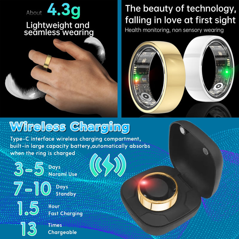 Smart Health Ring,Fitness Rings Tracker with Blood Pressure Monitor Heart Rate Blood Oxygen Sleep Monitor IP68 Waterproof Step Counter Calorie Tracker Health Rings for Women Men Android iOS Phones Gold 9