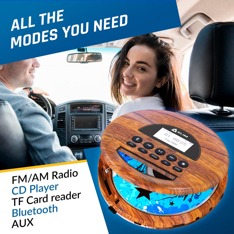 KLIM Nomad Wood - New 2024 - Portable CD Player Walkman - Long-Lasting Battery - Includes Headphones - Radio FM - Compatible MP3 CD Player Portable - TF Card Radio FM Bluetooth - Ideal for Cars