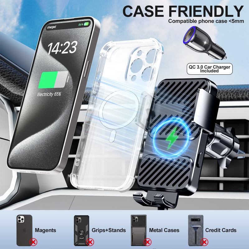 3 in 1 Wireless Car Charger, Phone Holders for Your Car 15W Fast Charging Auto Clamping, Car Phone Mount for iPhone 17 16 15 14 13 Mini Pro Max XR, Samsung Galaxy S25 Ultra S24 S23 S22 S21 Black