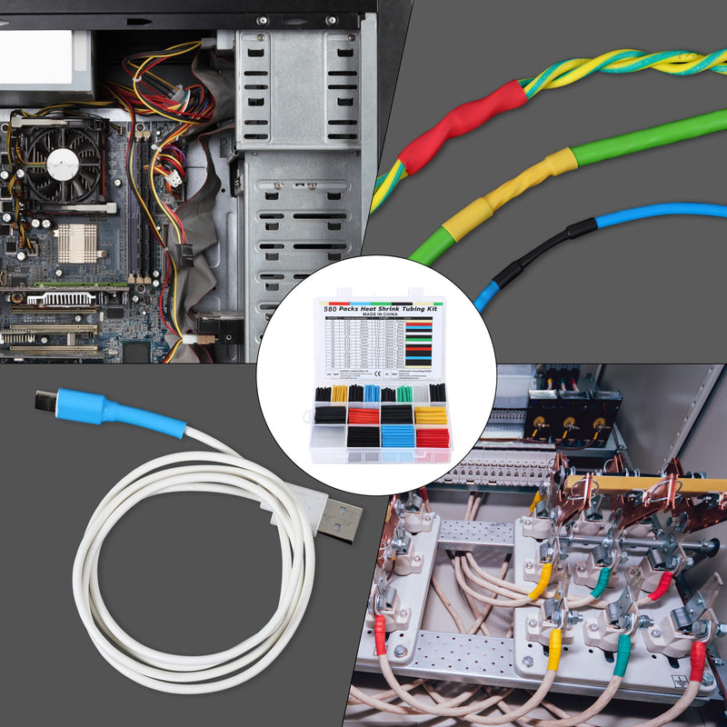 WUFANC Heat Shrink Tubing Set, 580 Pieces, Heat Shrink Tubes, Coloured Includes 6 Colours and 11 Sizes, 2:1 Shrink Ratio, Heat Shrink Tube, Waterproof, Suitable for Cable Insulation, Protect