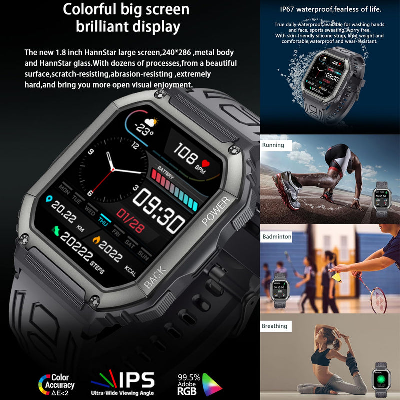 Smart Watches for Men(Answer/Make Call), 1.8" HD Fitness Tracker Watch with Blood Pressure/Heart Rate Monitor, SpO2, 100+ Sports Fitness Smart Watch for Android/iOS Phones, 3 Watch Bands (Black)