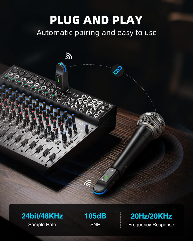 LEKATO Wireless Microphone System 2.4GHz, 48V Phantom Power for Condenser Mic, Wireless XLR Transmitter Receiver High-Resolution for Dynamic Mic, PA System, Audio Mixer(MW-20)