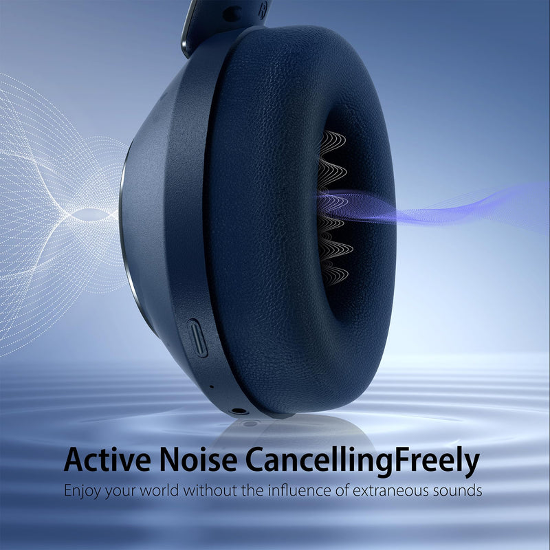 Active Noise Cancelling Headphones, 100H Playtime Headphones Wireless Bluetooth, Bluetooth Headphone with Microphone, Over- Ear Wireless Headphone with Deep Bass for Travel (Blue) Blue