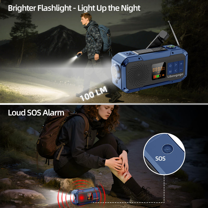 Emergency Weather Radio with IPX5 Waterproof Portable Bluetooth Speaker,USB-C Solar Hand Crank,NOAA Alarm AM FM Radio,Flashlight,SOS Alarm,2000mAh Cell Phone Charger for Camping and Survival (Blue) BLUE