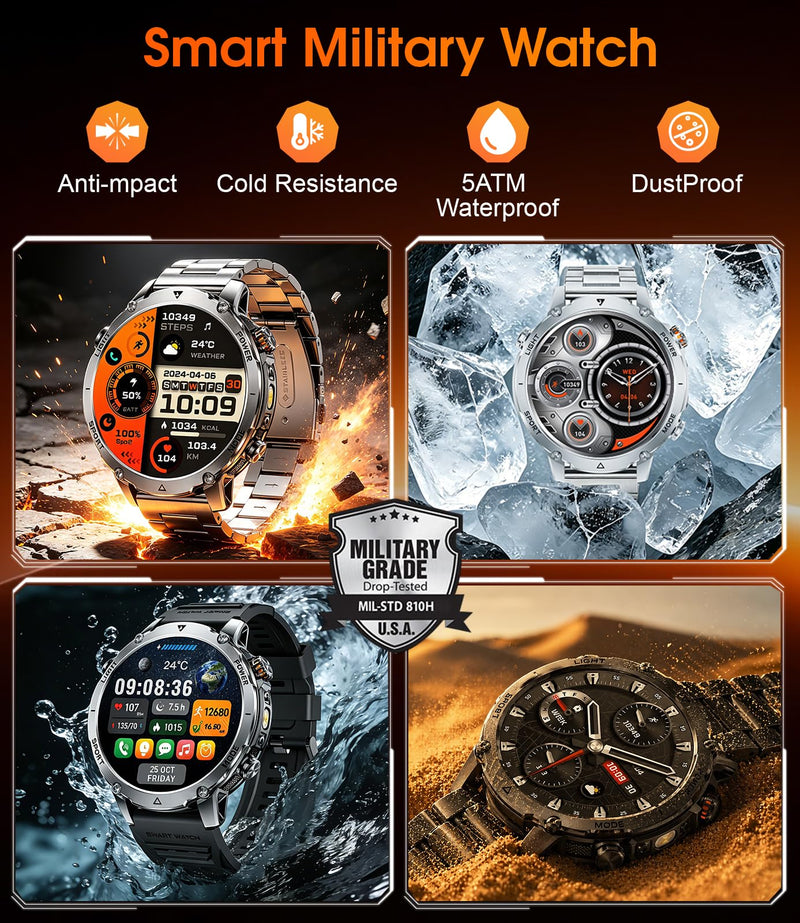 LIGE Military Smart Watch for Men, 1400mAh 60-Days Battery, 1.85" HD Smartwatch with LED Flashlight, 100+ Sports Mode, IP68 Waterproof, Pedometer, Fitness Watch for Android iOS (Sliver) Sliver