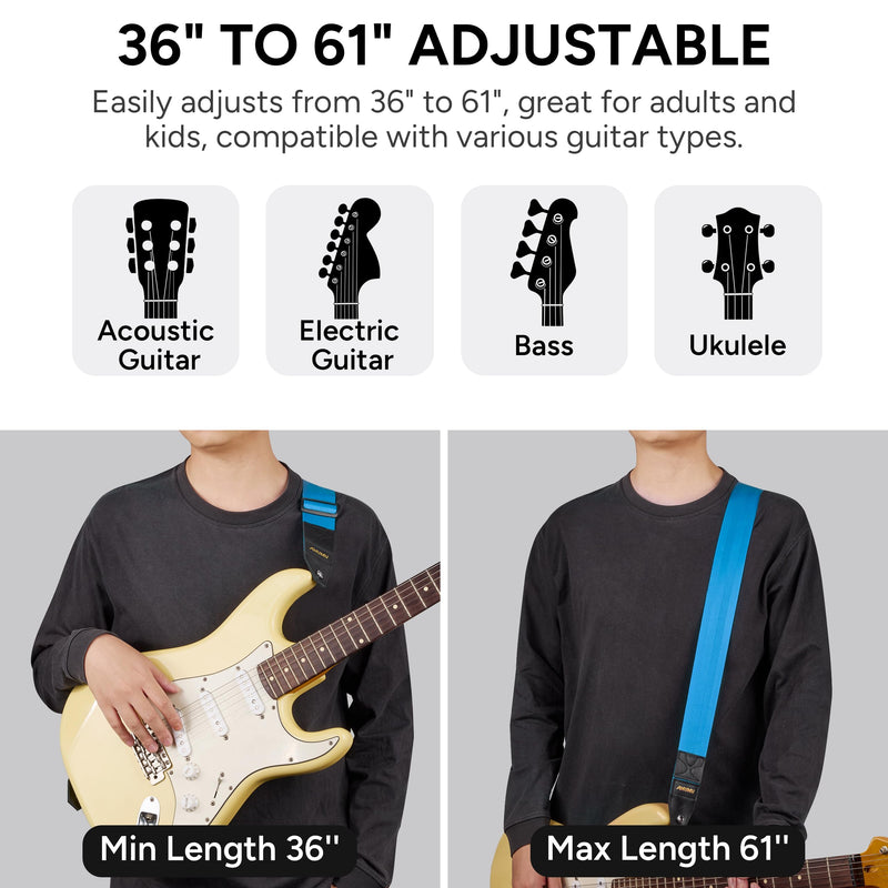 Amumu DURALINK Nylon Seatbelt Guitar Strap with Top Grain Leather Ends for Acoustic, Electric, Bass Guitar, with Quick-Fetch Pick Holder -Blue Blue