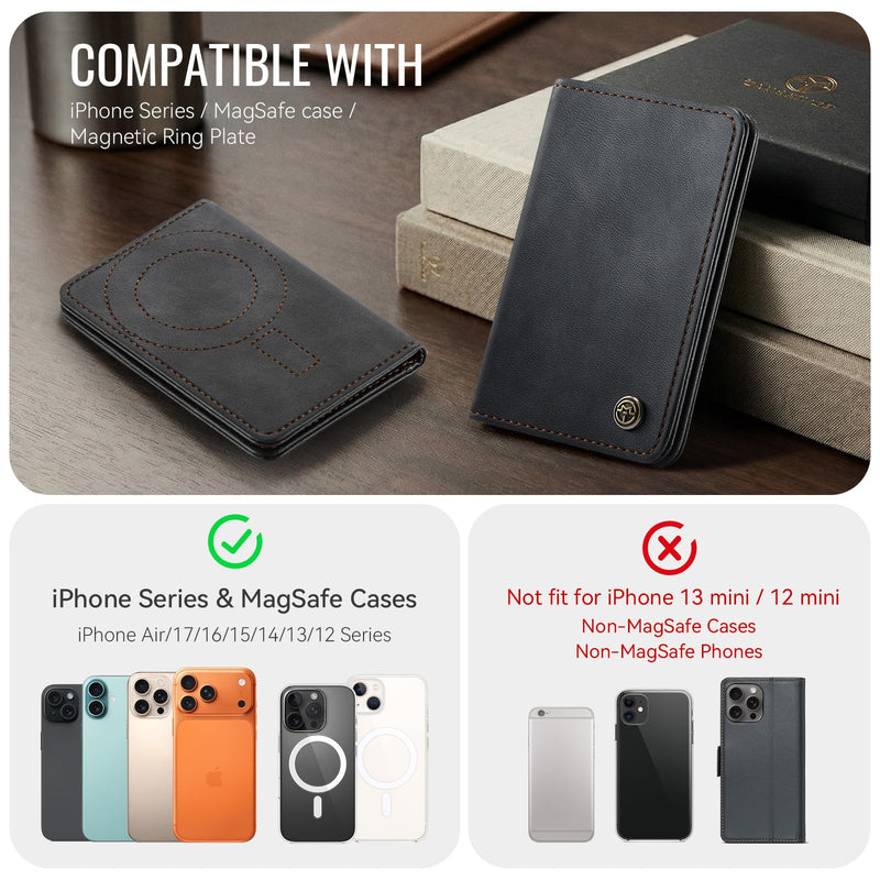 Magnetic Wallet Card Holder with RFID Protection, PU Leather Slim Wallet, Strong Magnet Attachment for iPhone 18/17/16/15/14/13/12 Series Pro Max Plus Mini-Black Black