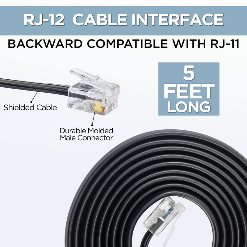 Volcora 5 Feet RJ11 / RJ12 Data Cable - Heavy Duty 6-Pins High-Speed Extension for Cash Register Drawer, Telephone, Modem, Fax, Printers, and More - Drawer Cable for Voice and Data 1 5 ft