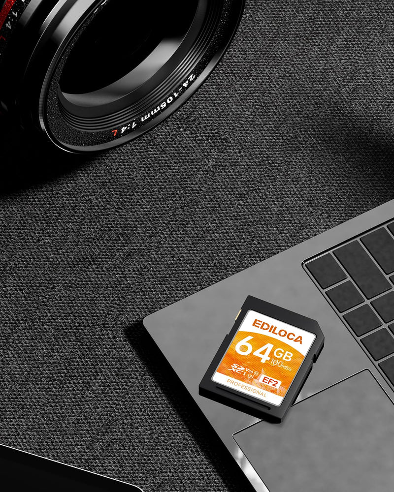 EF2_64GB UHS-I SD Card UHS-I Memory Card Fast Storage, Read Speed 100MB/s, Write Speed 50MB/s, C10, U3, V30, Full-HD & 4K Video, SD Card, Must-Have for Professional Photographers 64GB EF2 -100MB/s