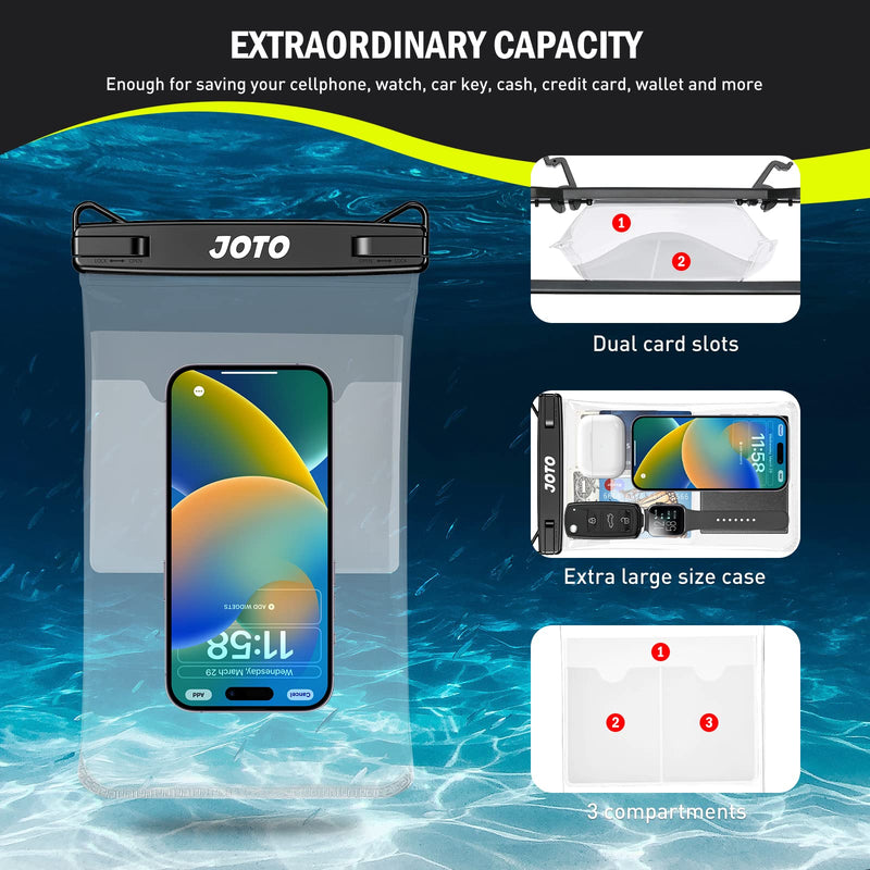 JOTO 2 Pack Large Waterproof Phone Pouch Case Bag, IPX8 Universal Big Underwater Cell Phone Dry Bag with Lanyard for iPhone 15/14/13/12/11 Pro Max, Galaxy S23/S22/S21-2 Pack, Black