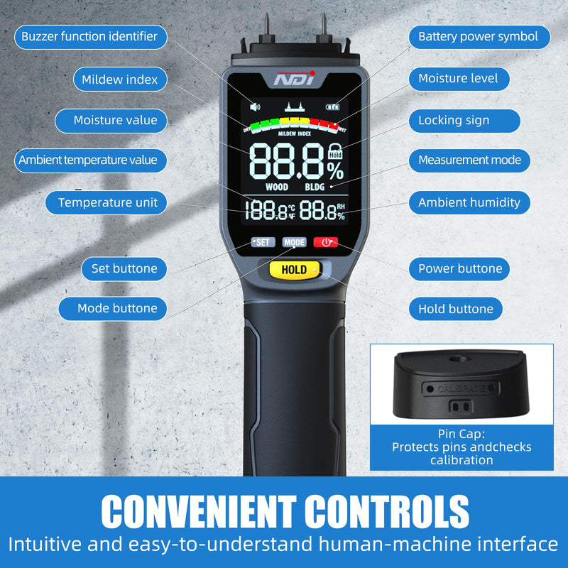 NDI 4 in 1 Pin Moisture Tester, Digital Water Tester, Wood Moisture Meter, Backlit LCD Display Automatic Alarm, Low-battery Indicator, Calibration & HOLD Button for Wood Firewood Lumber Floors