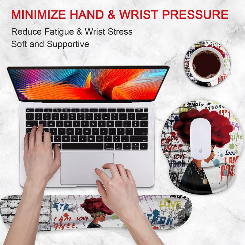 Ergonomic Mouse Pad Wrist Support Gel and Keyboard Wrist Rest Set for Laptop, Mac, Gaming and Office, Durable, Comfortable and Pain Relief + Coaster, African Black Woman Graffiti Girls