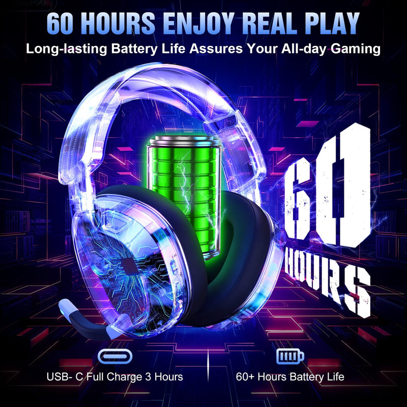 BENGOO 60H Wireless Gaming Headset with RGB Lights for PS5 PS4 PC | 7.1 Surround Sound, Noise Cancelling Mic, Bluetooth 5.4, Memory Foam Ear Cushions, Compatible with Switch Mac White